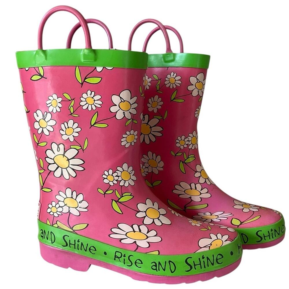 Lazy one Kids Rain Boots Daisy Pink Green Size 1 EUC